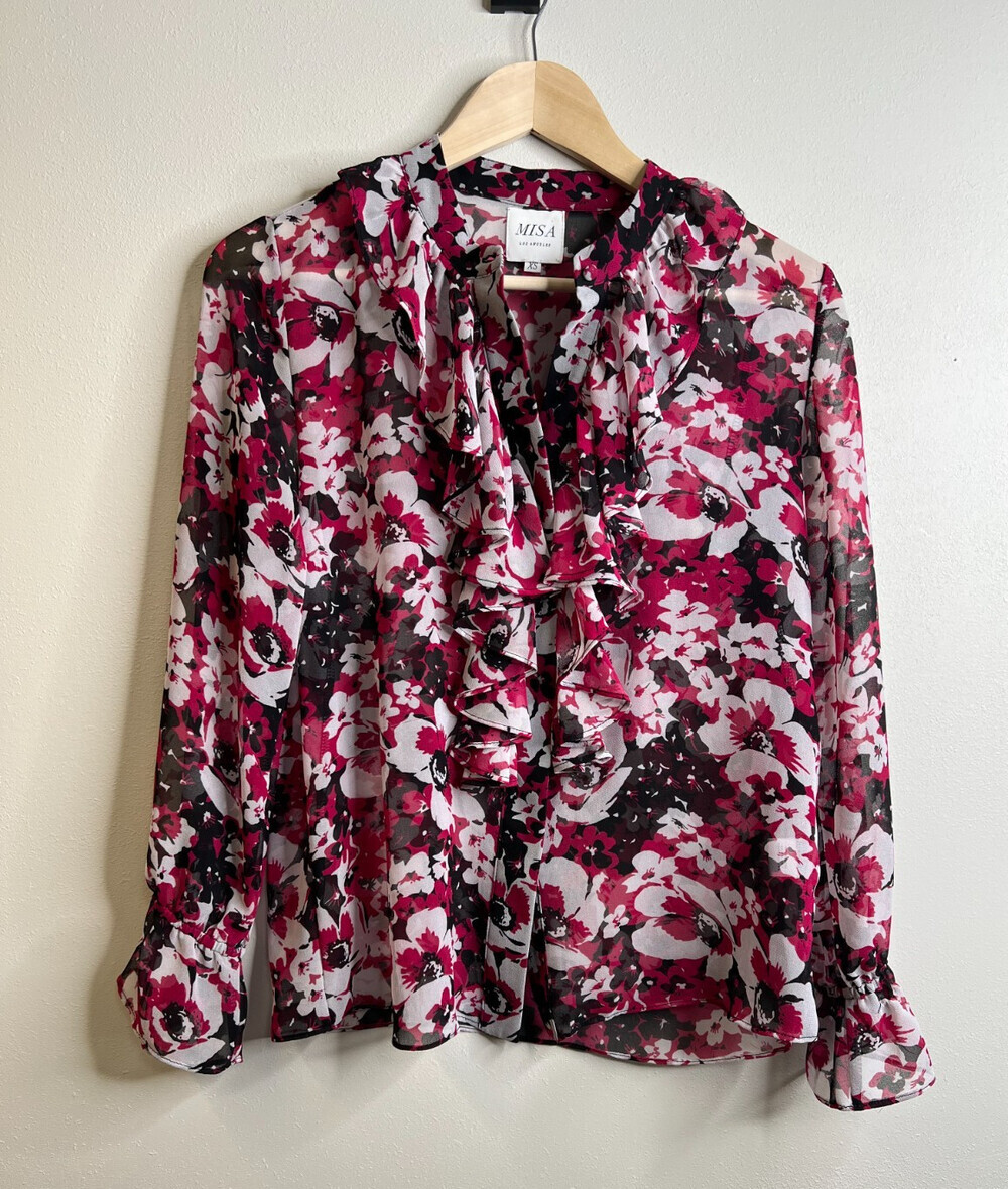 MISA Los Angeles Floral Ruffle Blouse Black Pink Women’s XS Boho Top